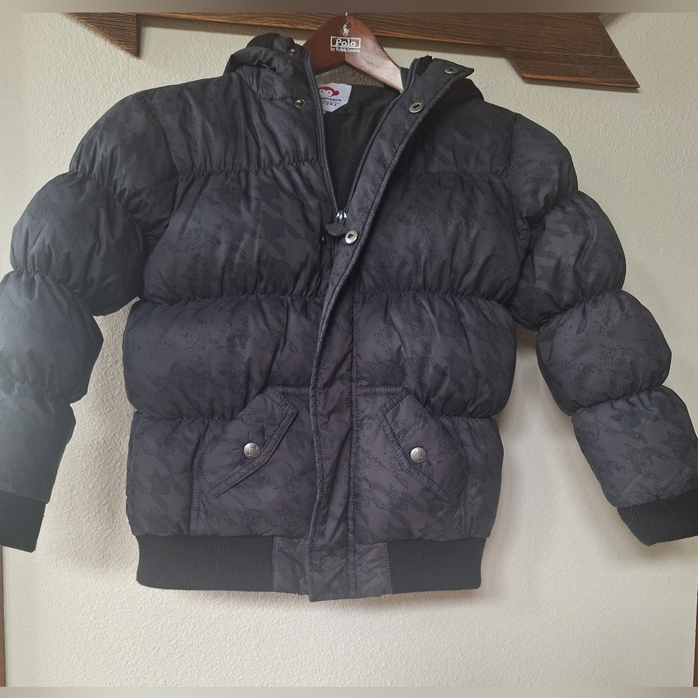 Appaman Kids Down Puffer Coat Charcoal/Black Subtle Pattern Zip Hood Size 8
